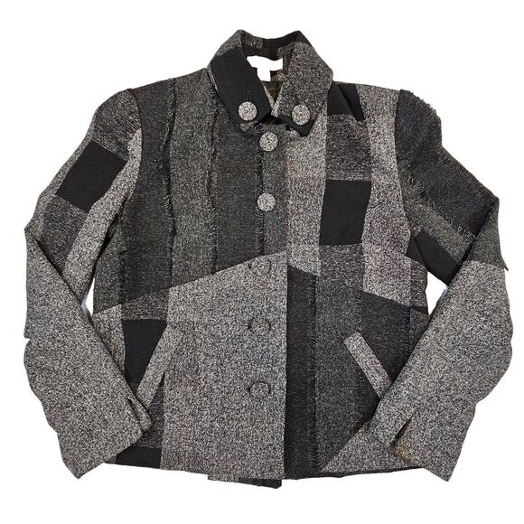 Coldwater Creek VTG Boxy Tweed Fringe Pleated Jacket Preppy Goth  Plaid Gray‎ 6 - Picture 1 of 15